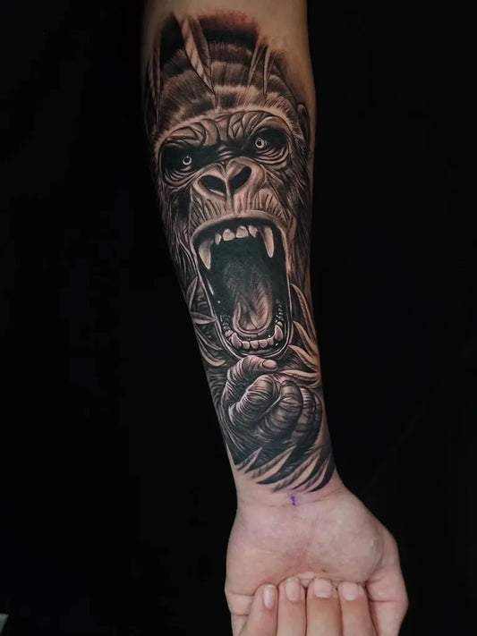 Big Black and Grey Gorilla Tattoo on Men Arm by @canadian_ink_studios