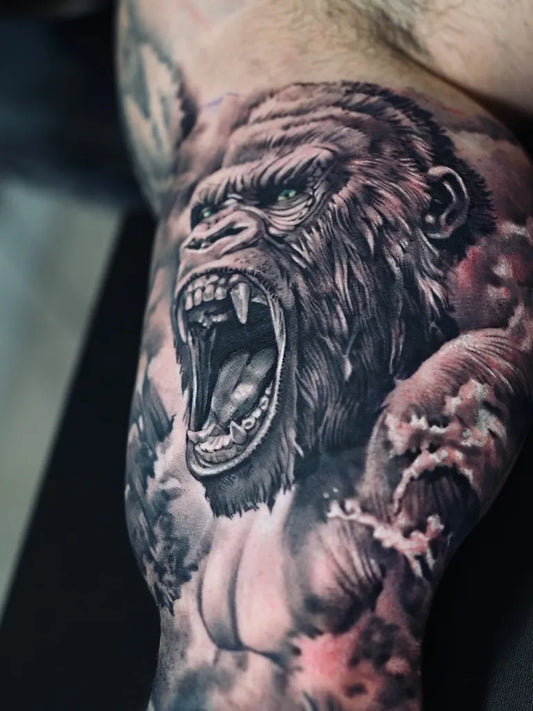 Big Black and Grey Gorilla Tattoo on Men Arm by @carrazanatattoos