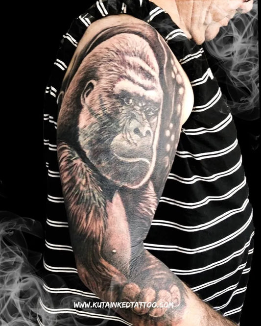 Big Black and Grey Gorilla Tattoo on Men Arm by @kutainkedtattoo