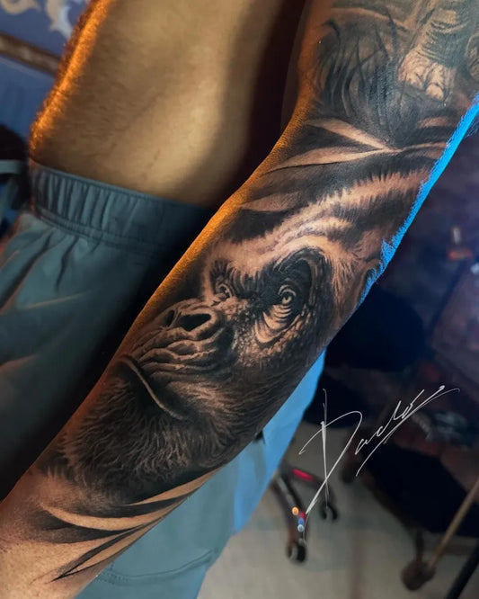 Big Black and Grey Gorilla Tattoo on Men Arm by @ricardodthird