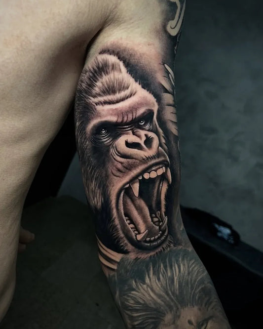 Big Black and Grey Gorilla Tattoo on Men Arm by @willtattoo_ink