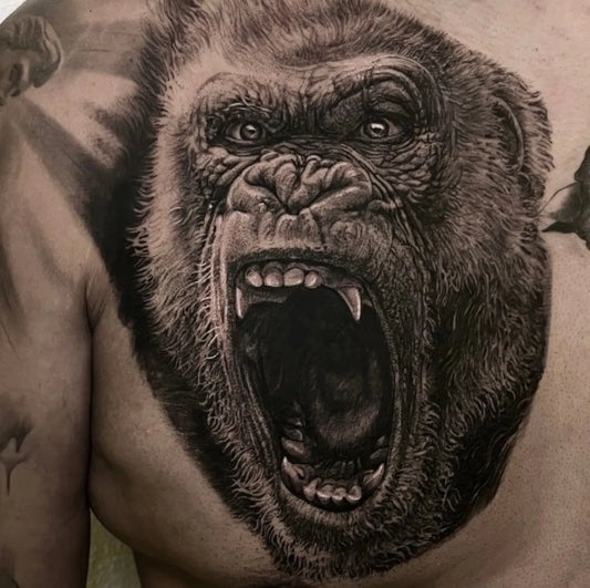 Big Black and Grey Gorilla Tattoo on Men Chest by @dermalizepro