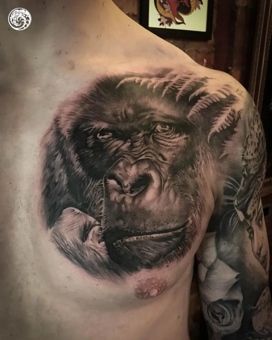 Big Black and Grey Gorilla Tattoo on Men Chest by @whitedragontattoofamily