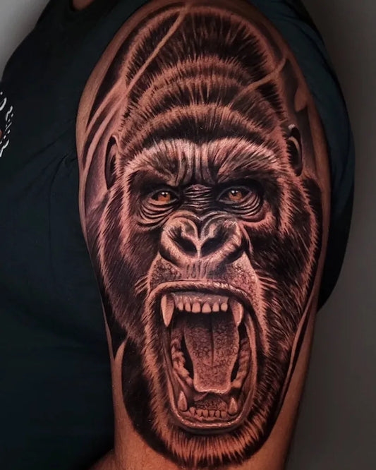 Big Black and Grey Gorilla Tattoo on Men Shoulder by @benjatatto0