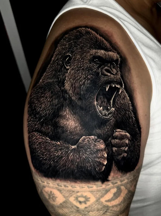 Big Black and Grey Gorilla Tattoo on Men Shoulder by @bigwes_tattoo