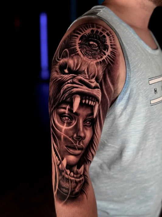 Big Black and Grey Gorilla Woman Tattoo on Men Arm by @tattoo_katie