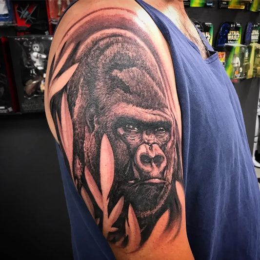 Big Black and Grey Gorilla with Bamboo Men Arm by @jdmtattoo72