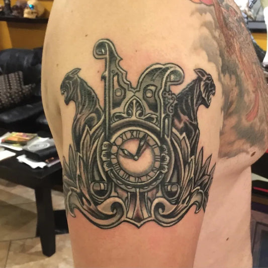 Big Black and Grey Gothic Clock with Winged Tigers Tattoo on Men Arm by @falcignoart