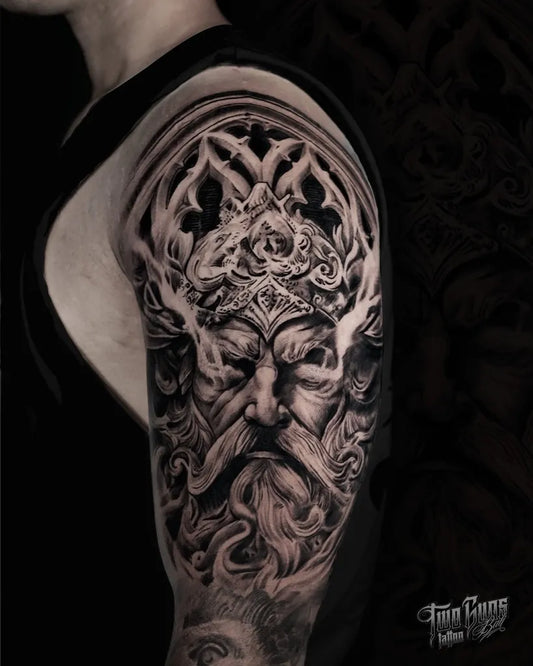 Big Black and Grey Gothic Face and Window Tattoo on Men Upper Arm by @twogunstattoo_bali