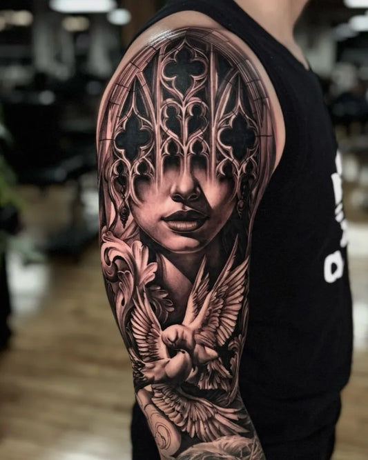 Big Black and Grey Gothic Mask with Angel Tattoo on Men Arm by @dayantorresart