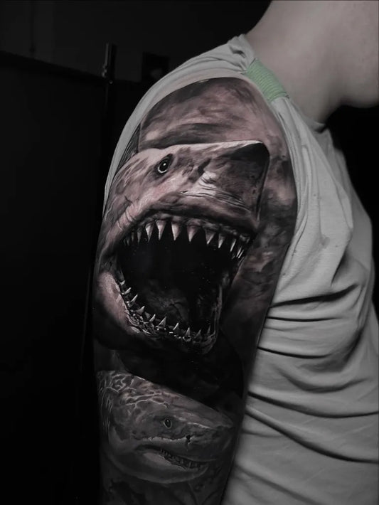 Big Black and Grey Great White Shark on Men Arm Tattoo by @gronektattoo