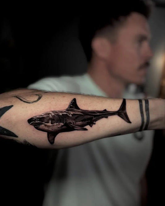 Big Black and Grey Great White Shark on Men Arm Tattoo by @jstrat_tattoo