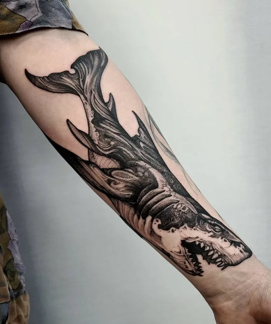 Big Black and Grey Great White Shark on Men Arm Tattoo by @littlejohn_tattoo