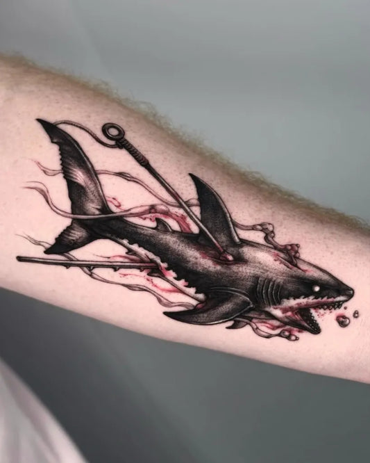Big Black and Grey Great White Shark with Harpoon on Men Arm Tattoo by @hodu_tattooer