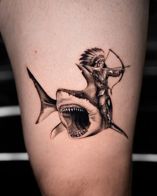 Big Black and Grey Great White Shark with Native American Warrior Men Thigh Tattoo by @_ktattoo_