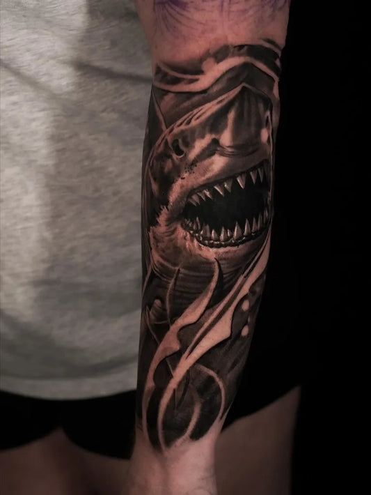 Big Black and Grey Great White Shark with Waves on Men Arm Tattoo by @tsl_tattoos