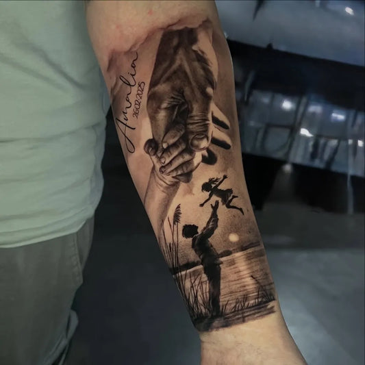 Big Black and Grey Hands Holding Child Family Tattoo on Men Arm by @andrea__bad