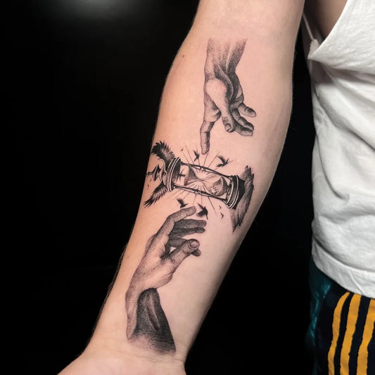 Big Black and Grey Hands and Hourglass Tattoo on Men Arm by @cangguinkclub