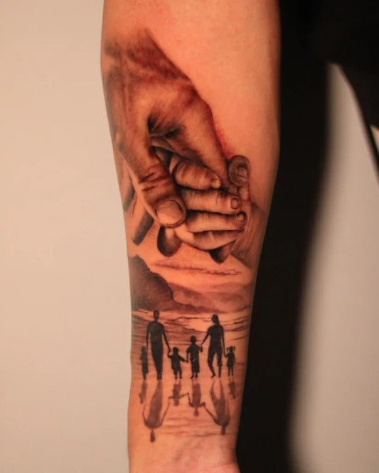 Big Black and Grey Hands and Silhouettes Family Tattoo on Men Arm by @marco_vetrano_tattoo