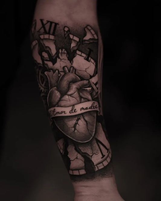 Big Black and Grey Heart Clock Tattoo on Men Arm by @_alex.tattoos