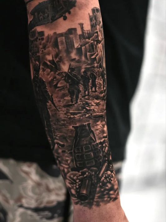 Big Black and Grey Helicopter Soldiers Grenade Military Tattoo on Men Arm by @tonyfioretattoos