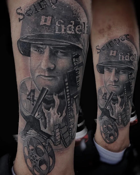 Big Black and Grey Helmet Portrait with Film Reel Military Tattoo on Men Leg by @hans_tattoostory.cz