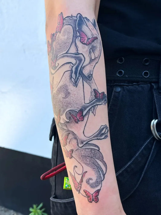 Big Black and Grey Horse and Butterflies Animal Tattoo on Women Arm by @_blekket