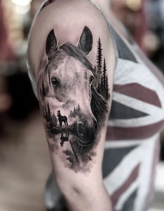 Big Black and Grey Horse in Forest Women Upper Arm by @blackhills_dorian.glh