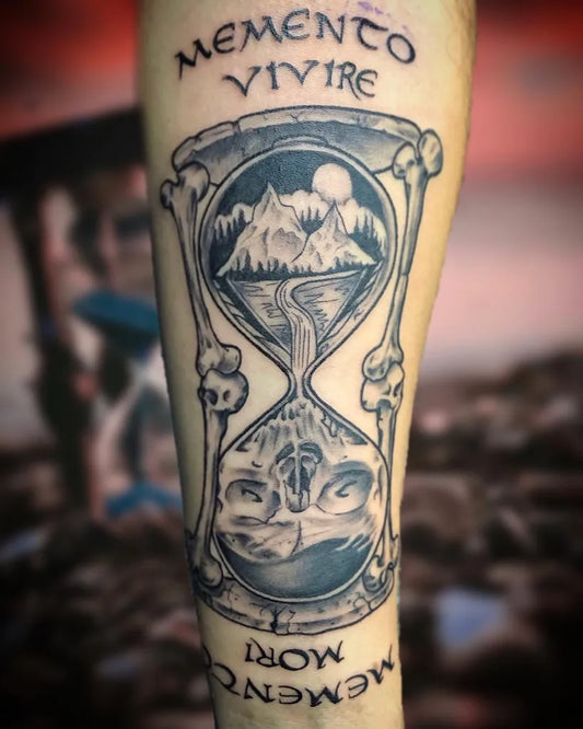 Big Black and Grey Hourglass Memento Mori on Men Arm Tattoo by @gera_negro