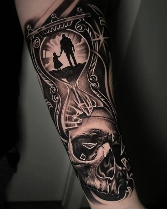 Big Black and Grey Hourglass Silhouette Family Tattoo on Men Arm by @tattoosbyshiva