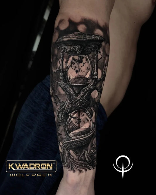 Big Black and Grey Hourglass Tree Woman Tattoo on Men Arm by @etgaroak