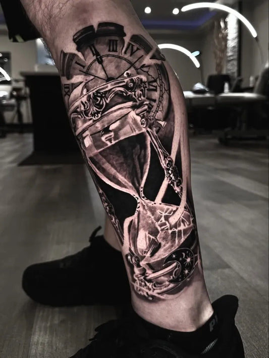 Big Black and Grey Hourglass with Clock Tattoo on Men Leg by @vcn_tattoo