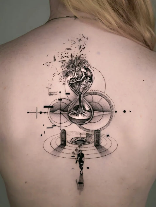 Big Black and Grey Hourglass with Geometric Elements and Shadow Figure Tattoo on Women Back by @_johnmonteiro