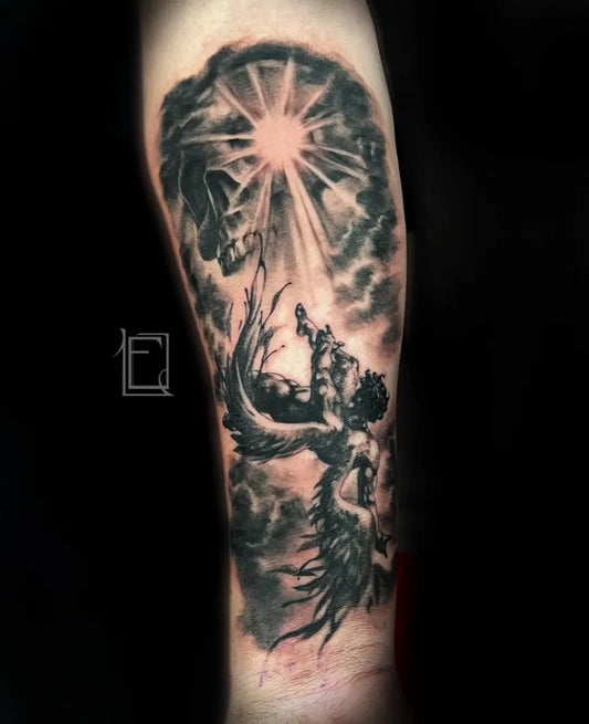 Big Black and Grey Icarus Angel Falling on Men Arm Tattoo by @tattootiefling