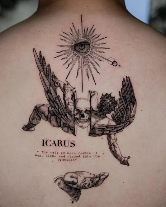 Big Black and Grey Icarus Angel Skull on Men Back Tattoo by @seppe_lights