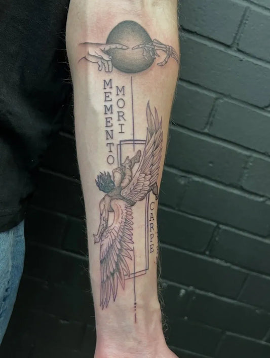 Big Black and Grey Icarus Angel Wing on Men Arm Tattoo by @collin.tattoos