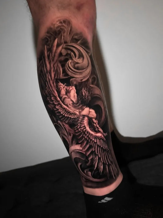 Big Black and Grey Icarus Angel Wings on Men Leg Tattoo by @4topher