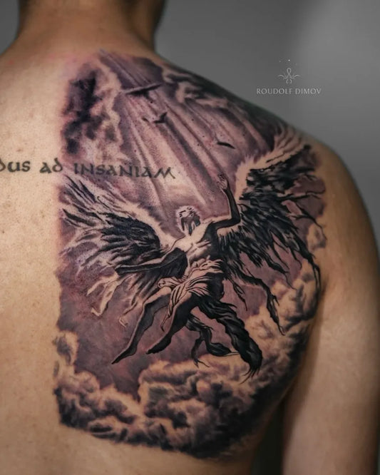 Big Black and Grey Icarus Angel on Men Back Tattoo by @roudolfdimovtattoos