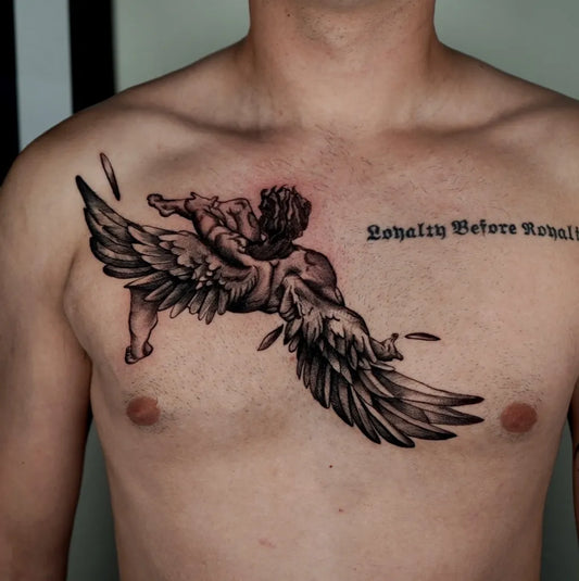 Big Black and Grey Icarus Angel on Men Chest Tattoo by @squinty_tatu