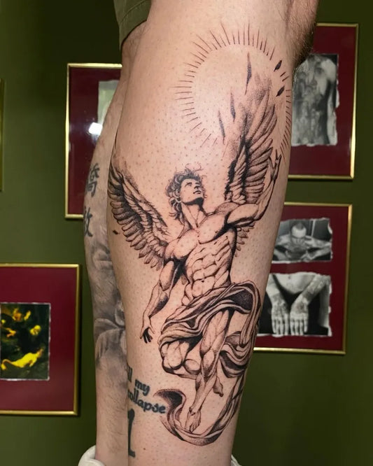 Big Black and Grey Icarus Angel on Men Thigh Tattoo by @nero.liquido