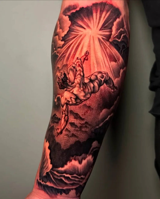 Big Black and Grey Icarus Falling on Men Arm Tattoo by @inkedbykiki