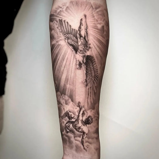 Big Black and Grey Icarus and Angel on Men Arm Tattoo by @min.ink