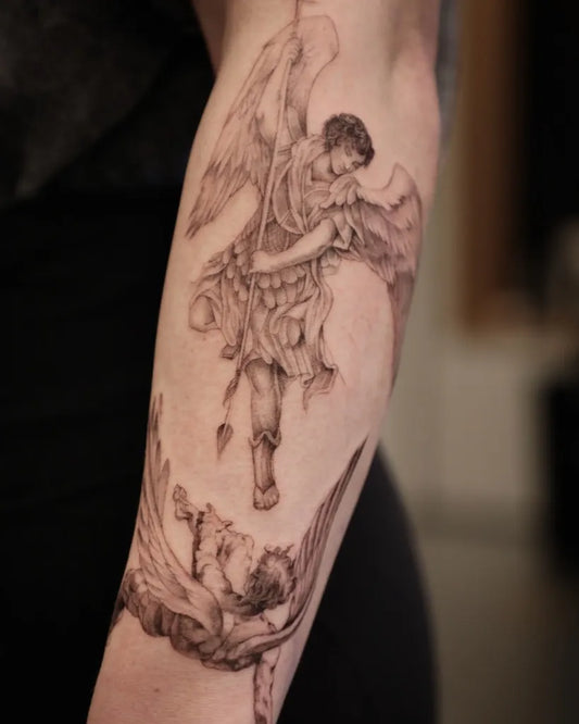 Big Black and Grey Icarus and Angel on Women Arm Tattoo by @jakkichantattoos