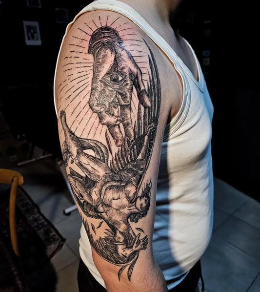 Big Black and Grey Icarus and Hands on Men Arm Tattoo by @perla_tattoo