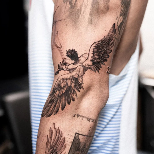 Big Black and Grey Icarus with Angel Wings on Men Arm Tattoo by @double.k_tatts