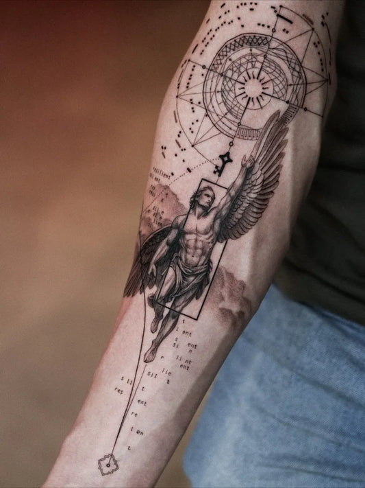 Big Black and Grey Icarus with Celestial Map and Wings on Men Arm Tattoo by @andreas.givskov