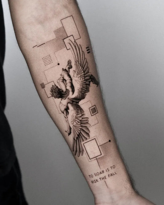 Big Black and Grey Icarus with Geometric Elements on Men Arm Tattoo by @matanlalo_tattoo