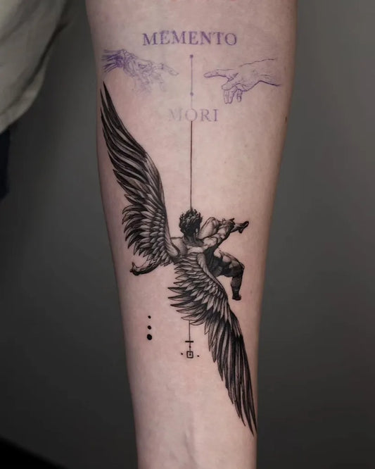 Big Black and Grey Icarus with Memento Mori on Men Arm Tattoo by @ejintatt