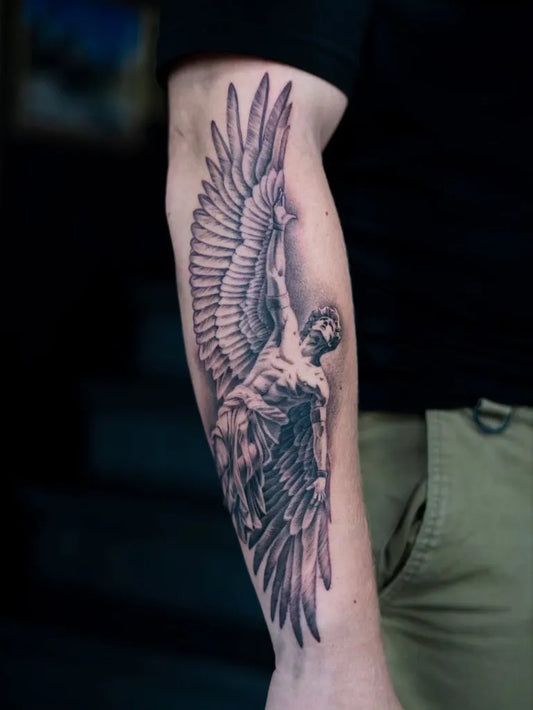 Big Black and Grey Icarus with Wings on Men Arm Tattoo by @tattoos_by_sarah