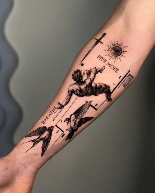 Big Black and Grey Icarus with swallows and cross on Men Arm Tattoo by @rhiannon.ink